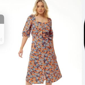 Liquorish NWT SZ 10 Floral Orange & Blue‎ belted midi shirtdress